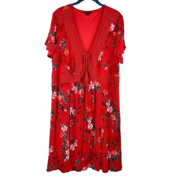 Torrid Red Gauzy Floral Skater Dress - Picture 2 of 9